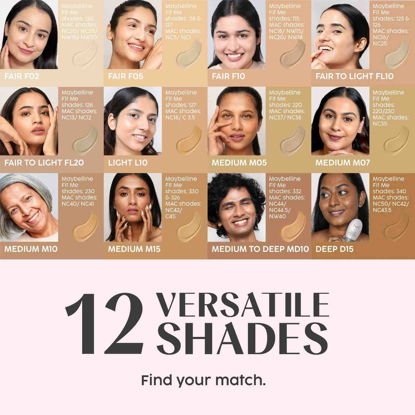 Face Anything skin tint shade card spanning fair to deep Indian skin tones